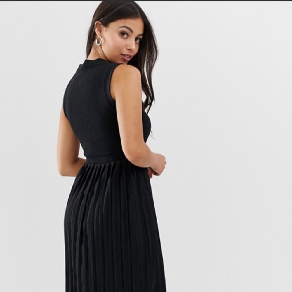 ASOS black midi dress with pleated skirt